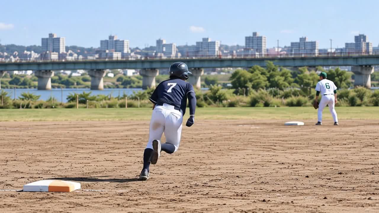 一塁から二塁へ走り出すソフトボール選手のAI生成イメージ
