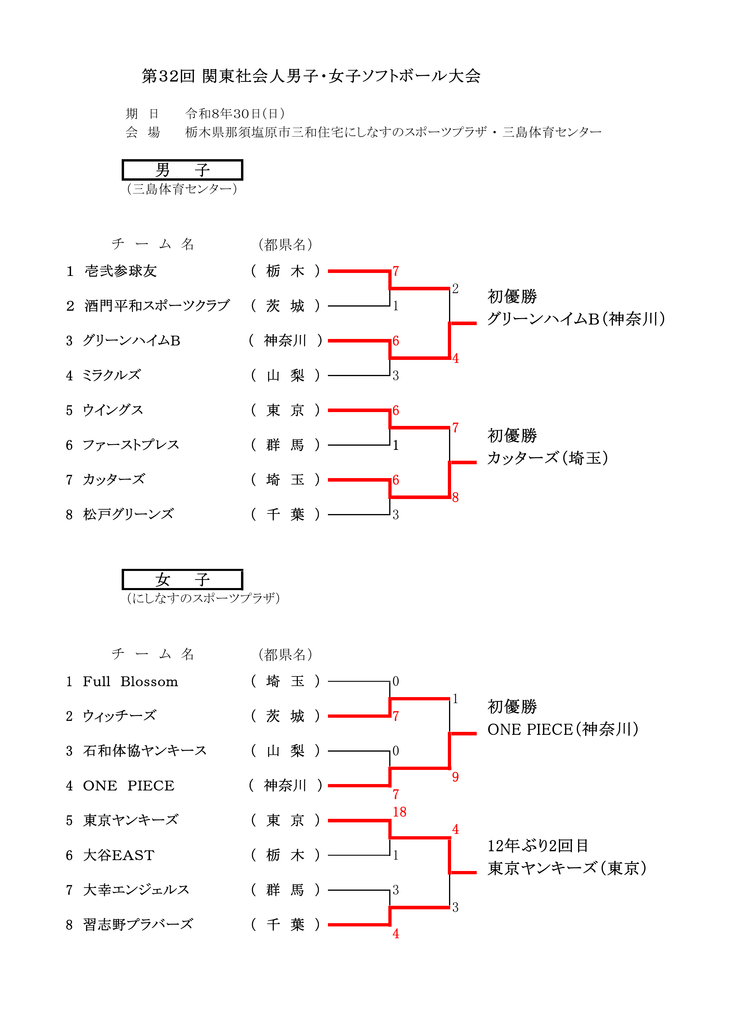 第32回関東社会人女子ソフトボール大会 トーナメント最終結果
