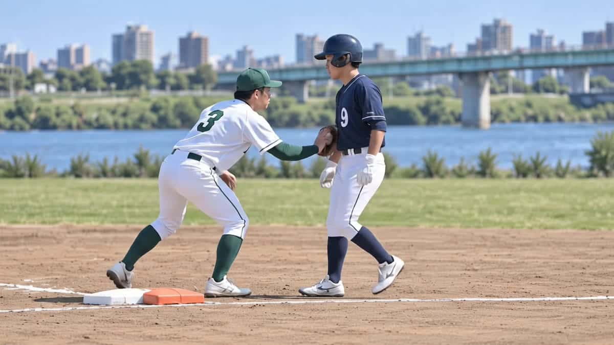 塁から離れた走者へ一塁手がグラブでタッチする場面