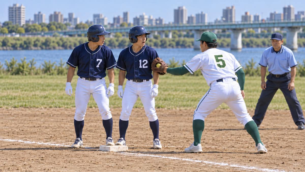 三塁に足をつけた背番号7番と背番号12番。右の守備者が背番号12番へタッチする場面