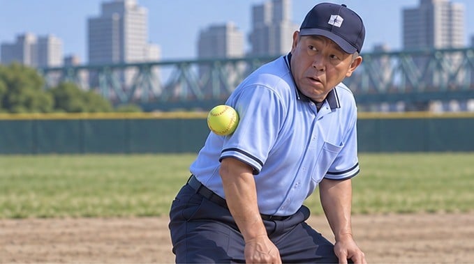 外野からの返球が塁審の腕に当たる場面