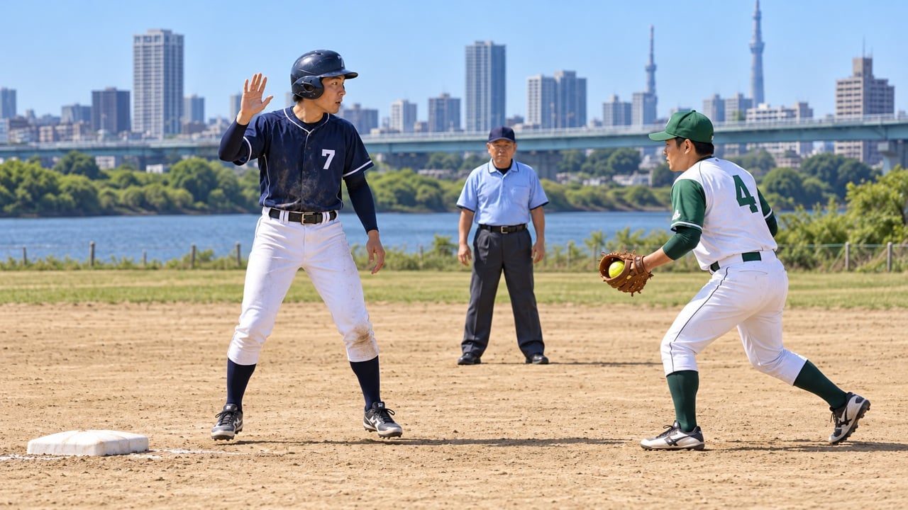 二塁から離れた走者が手を上げてタイムを要求し、球を持った野手が近づく場面